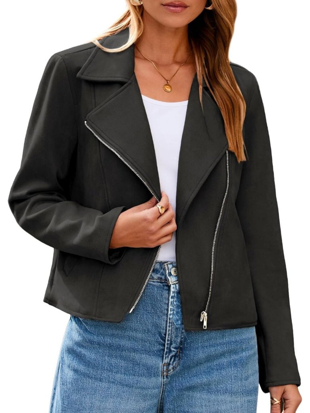 Women's Black Long Sleeve Faux Suede Cropped Zipper Outfits Jackets